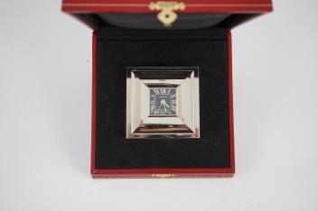 A Cartier Stainless Steel Alarm Desk Clock with Box & Cert. stainless steel alarm desk clock with box & cert.